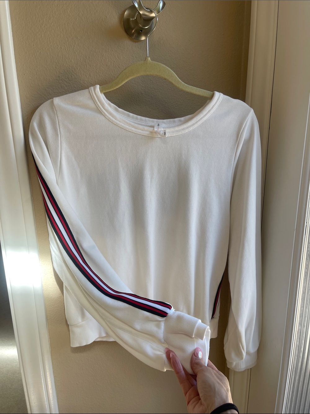 Women's White Crewneck Sweatshirt with Red and Navy Stripe Sleeve